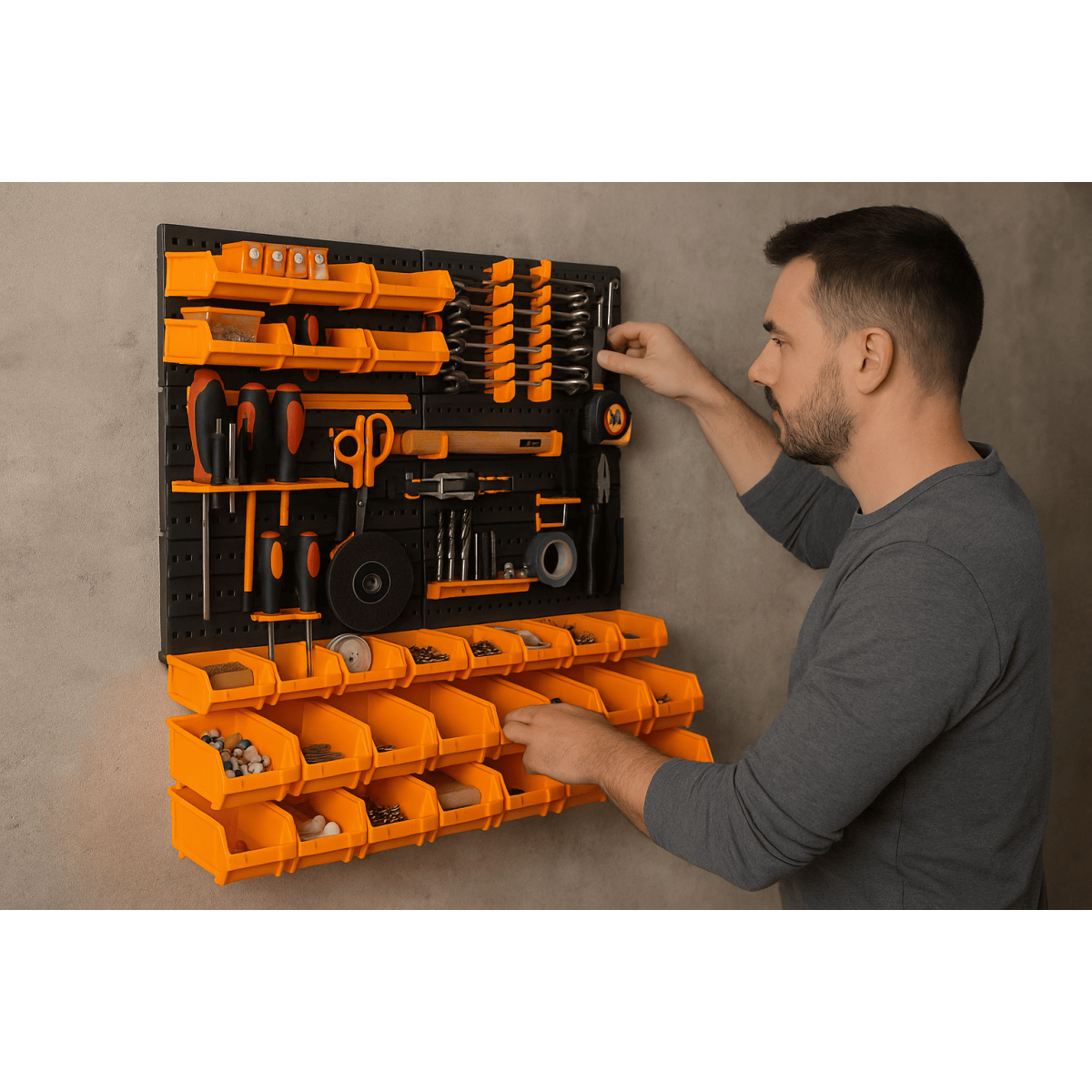 Panneau porte Outils 66 x 78 x 1.7cm 4 panneaux perforés 15 petits - 12 grands bacs 38 Crochets Etagère murale - 9