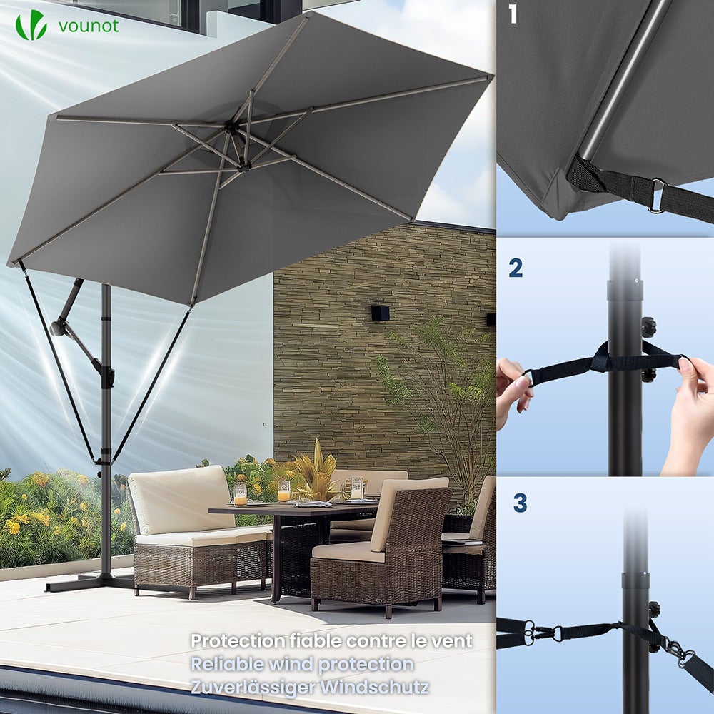 Parasol déporté inclinable 3M avec sangle de fixation et housse de protection Gris - Inclinaison réglable - Rotatif 360° - VOUNOT® - 2