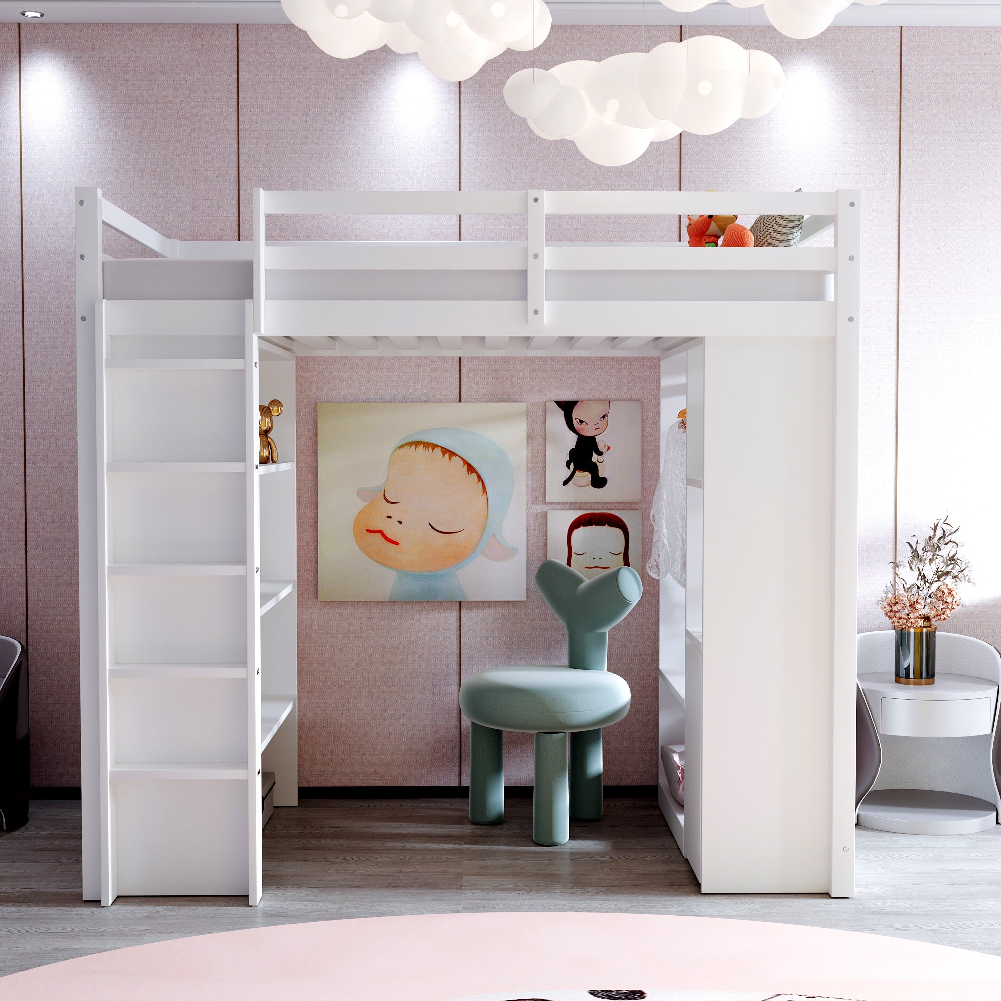 Letto a soppalco per bambini 90x200 cm, con ripiani multilivello, con 1 carrello organizer rimovibile, letto per ragazzi, letto singolo, bianco - 4