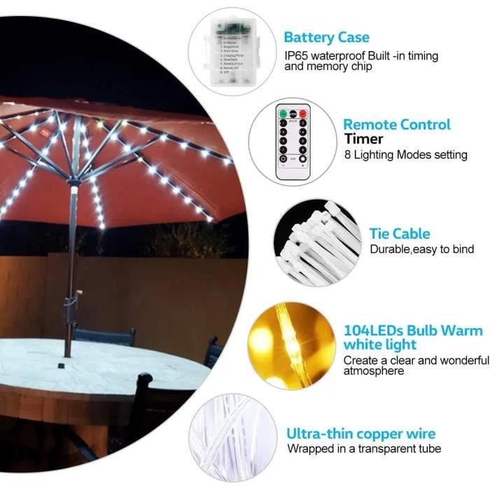 Eclairage Parasol LED 8m 10m 12m 20m Guirlande Lumineuse pour Jardin Extérieur - 4