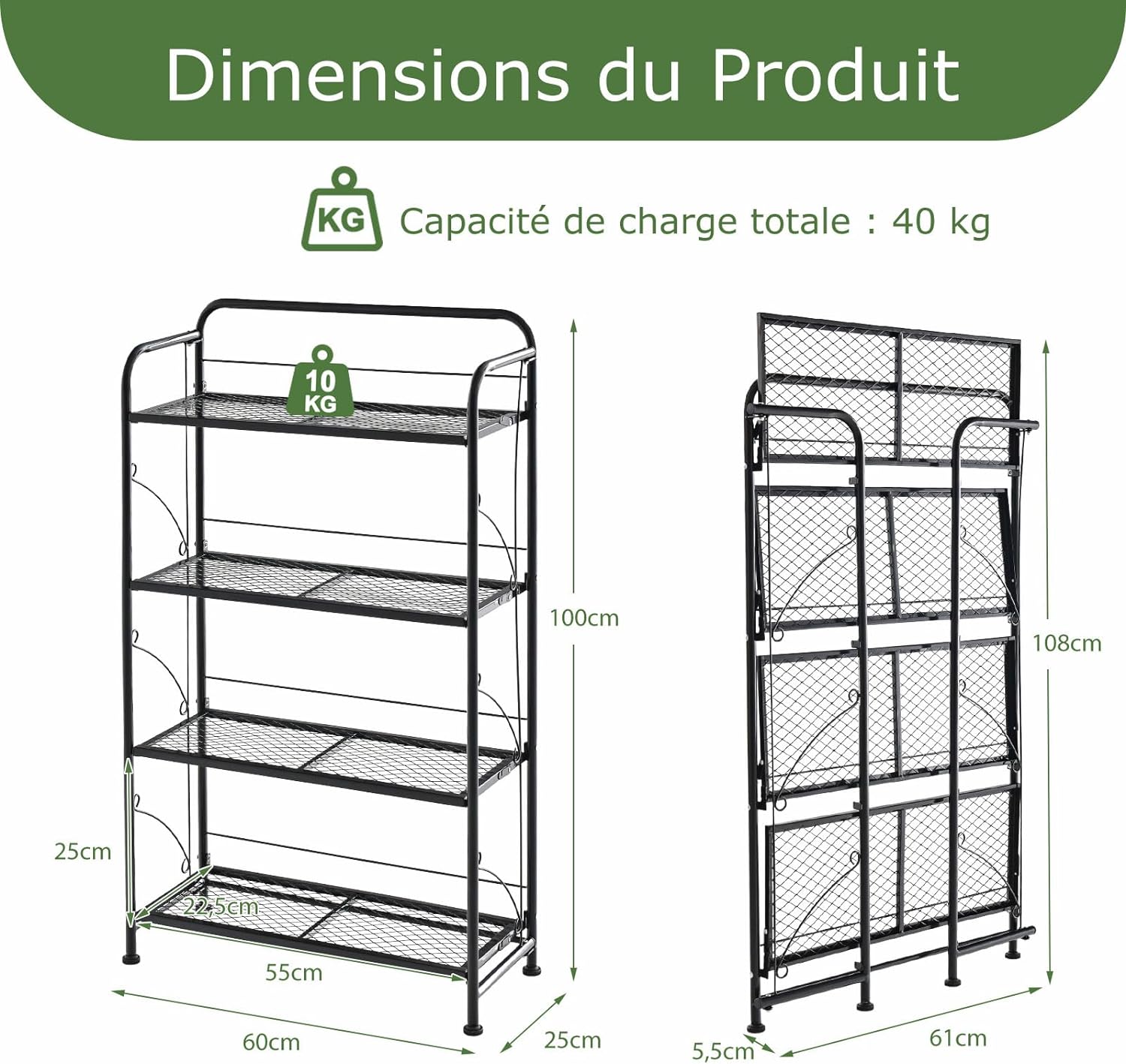 Support de Plantes Pliable à 4 Niveaux en Métal, 60 x 25 x 100 cm, Noir - 3