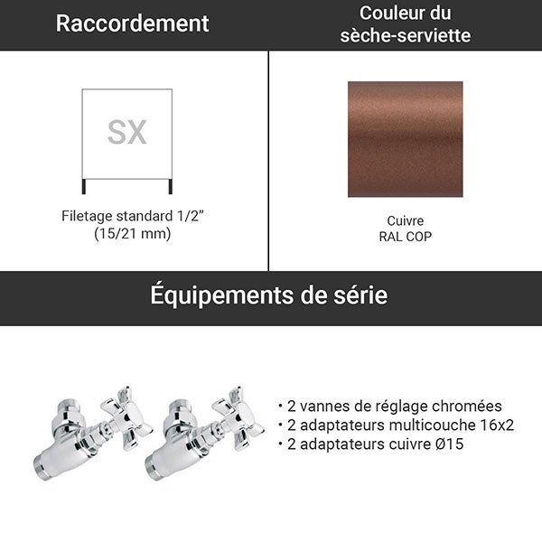 Scaldasalviette acqua calda rame, alto 1170 mm e largo 504 mm - 308 Watt - RET1170/405SXCOPK - 2