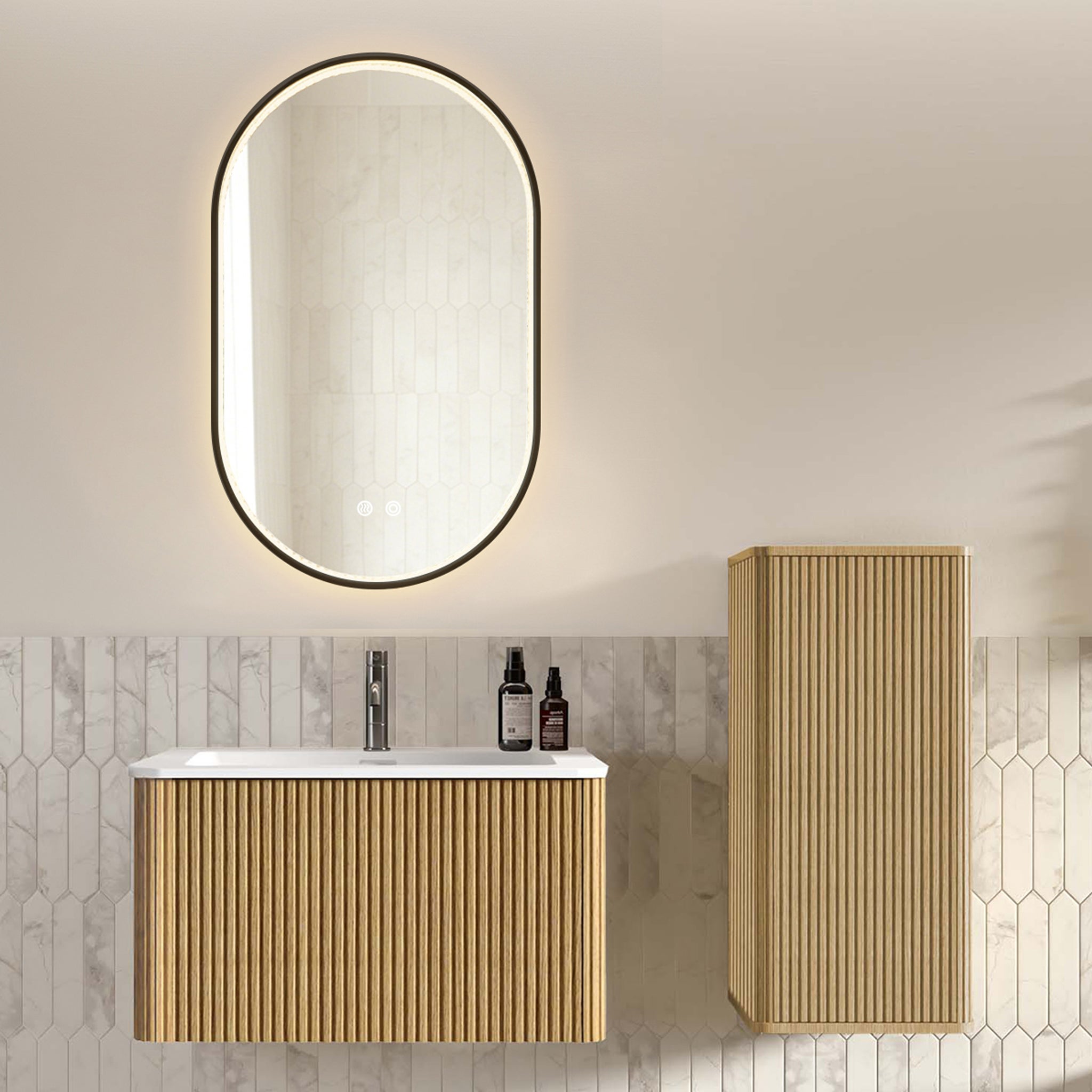 Ensemble meuble salle de bain 80 cm chêne, meuble sous vasque suspendu ...