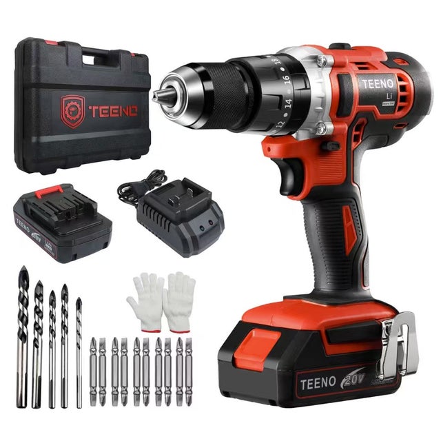 TEENO Perceuse-visseuse 20 V, couple maximal 45 Nm, fournie avec deux batteries 2,0 Ah, 20+3 réglages de couple, boîte à 2 vitesses