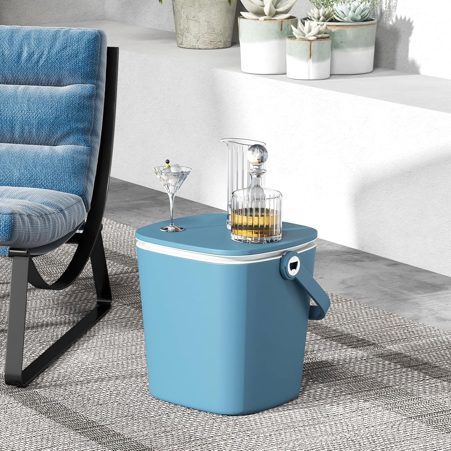 3 en 1 Table Glacière Extérieur 15 L, Table d'Appoint Patio avec Couvercle Rétractable, Compartiment, Ouvre-Bouteille et Pince Glace (Bleu) - 9