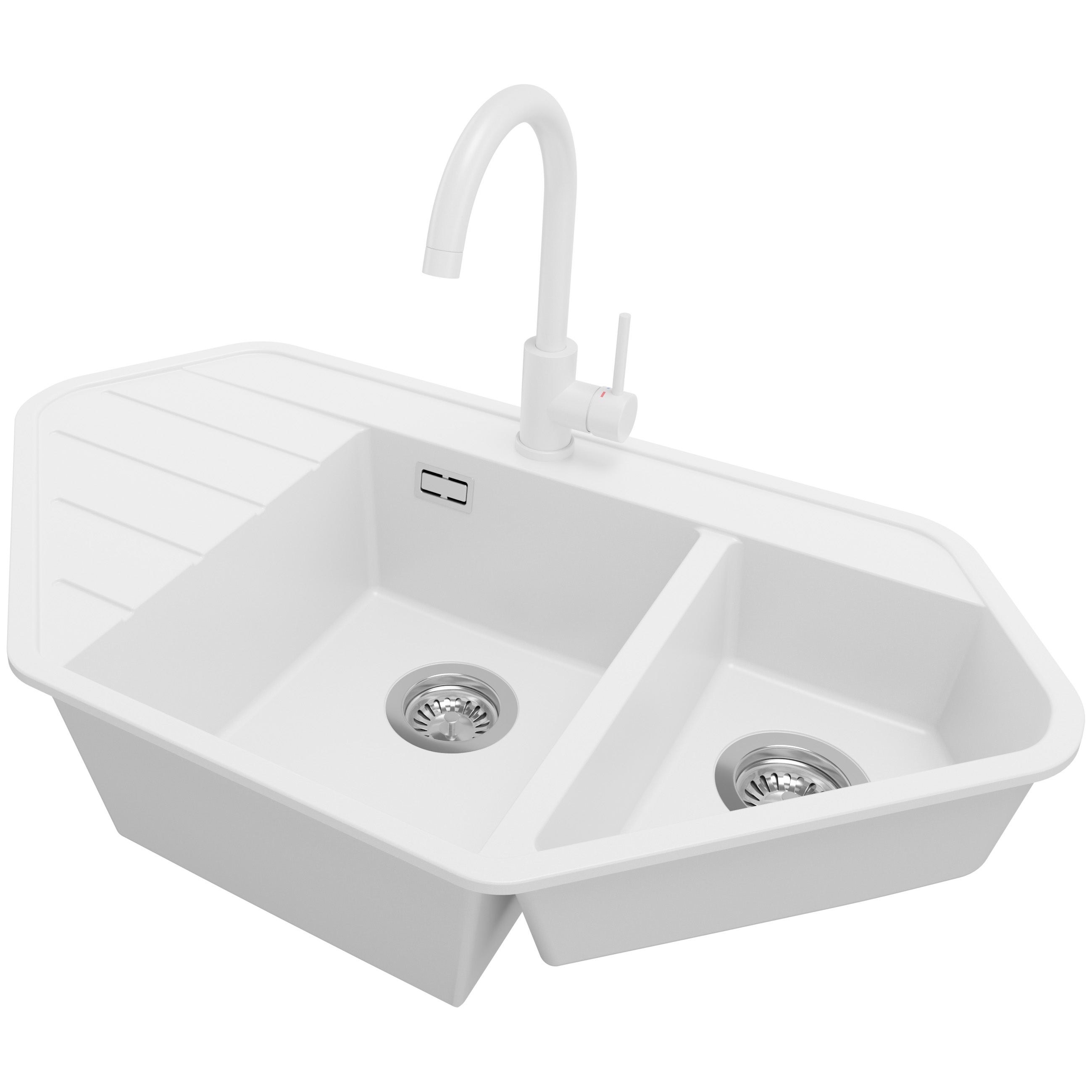 Zlew Granitowy Narożny Biały 90x50cm, Zlew Kuchenny 1,5 Komorowy + Bateria 32x20cm + Syfon, Nablatowy do szafki od 70cm - Kopenhaga Corner PRIMAGRAN