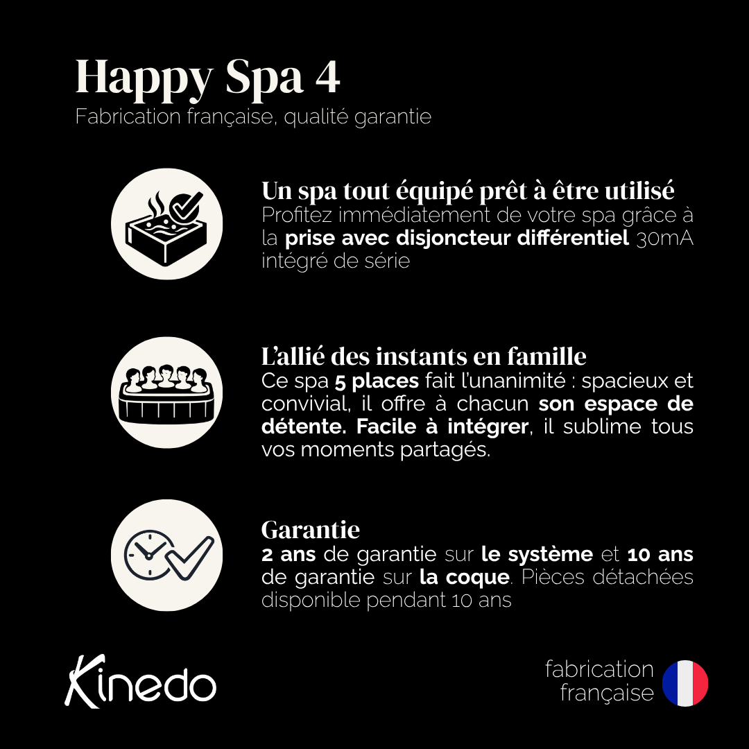 Kinedo - Happy SPA 4 - Bois - 5 places - 192x192x78 cm - 23 buses - Chromothérapie - Fabrication française - 5