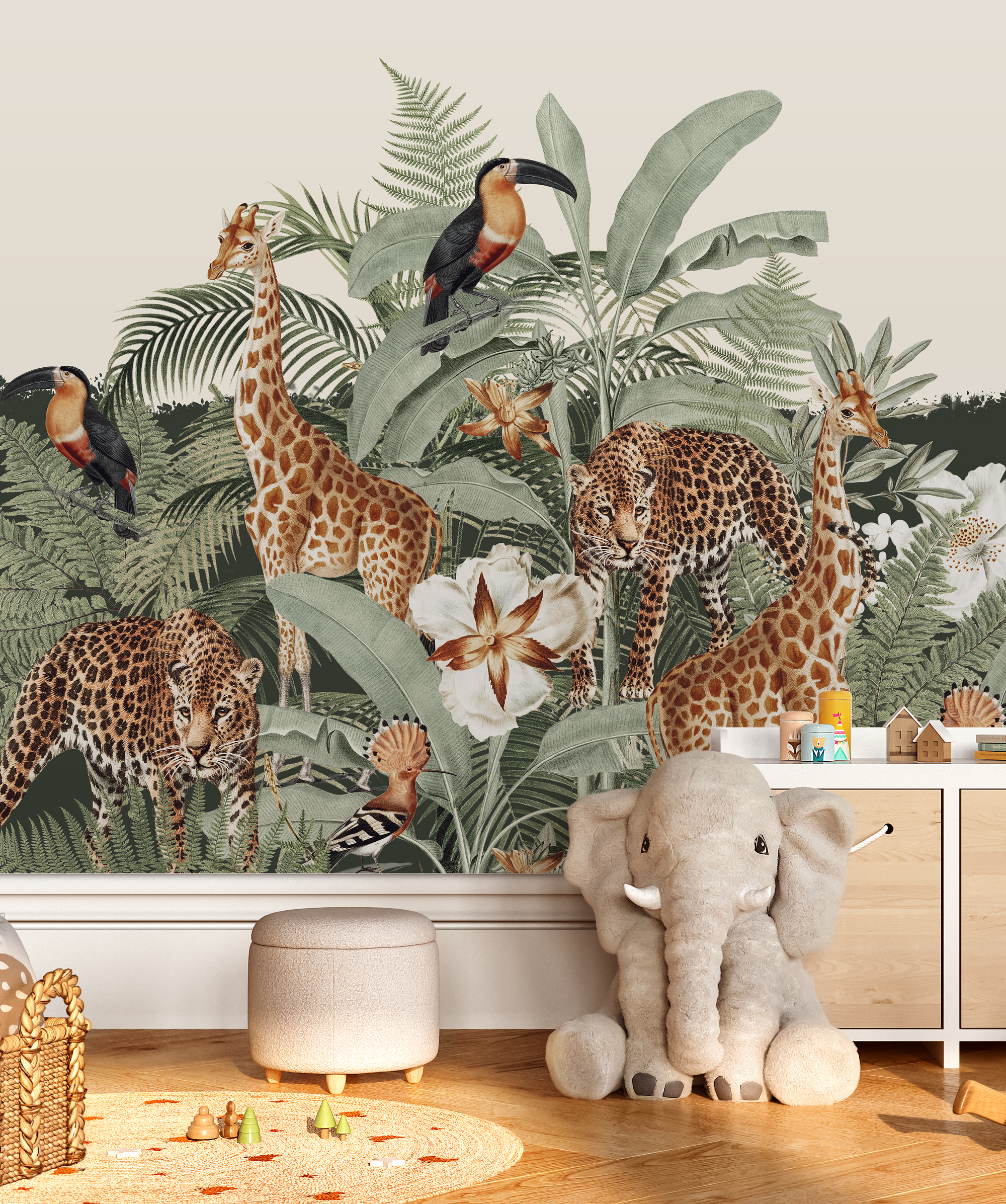 Papel pintado vinílico lavable para habitación infantil -mural jungla safari 300x330 cm