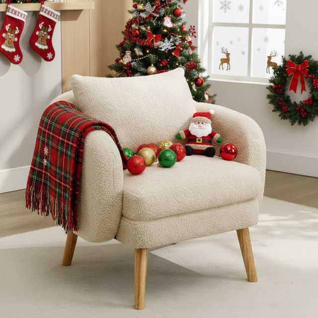 Chaise Fauteuil velours avec coussins extra épais fauteuil de détente chaise à pieds en bois massif Beige