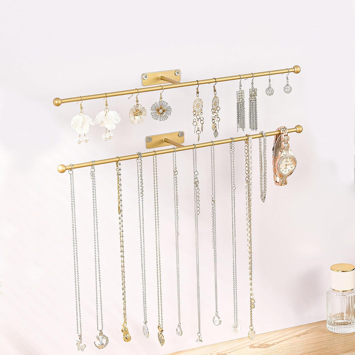 MINICLOSS Organisateur mural pour bijoux, présentoir doré pour lunettes, lot de 2 présentoirs muraux modernes pour salle de bain. - 5