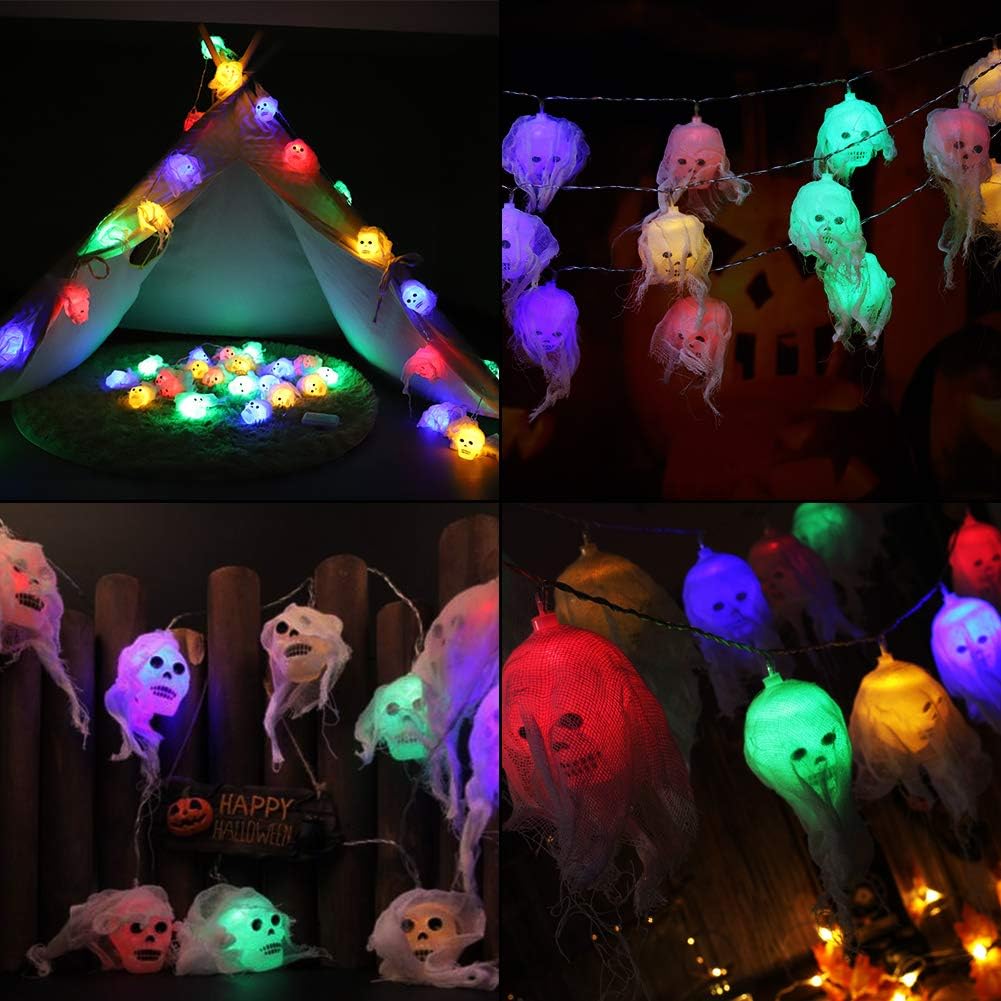 Luci a stringa di Halloween da 2,5 m, 10 LED, a batteria, a forma di teschi, decorazioni di Halloween, luci a stringa per interni, luci decorative a - 4