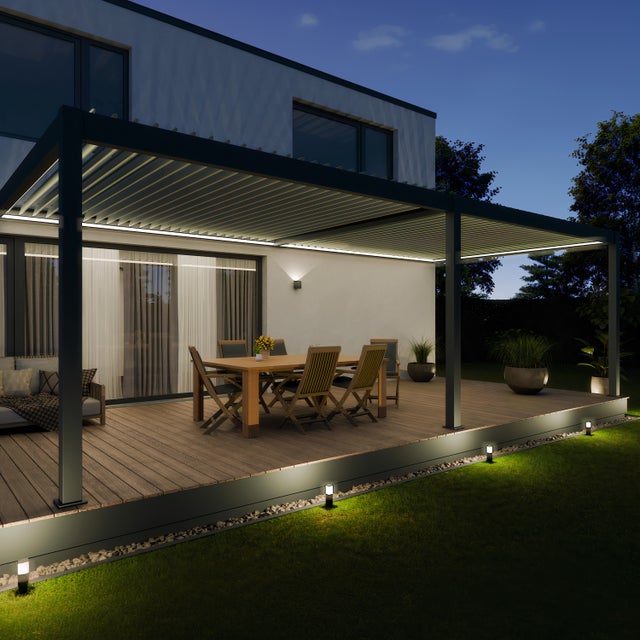 Pergola Bioclimatique Aluminium Adossée 32m2 - 4x8m - Kit LED Inclus - Anthracite - 50 lames en Aluminium a 120° - HALO