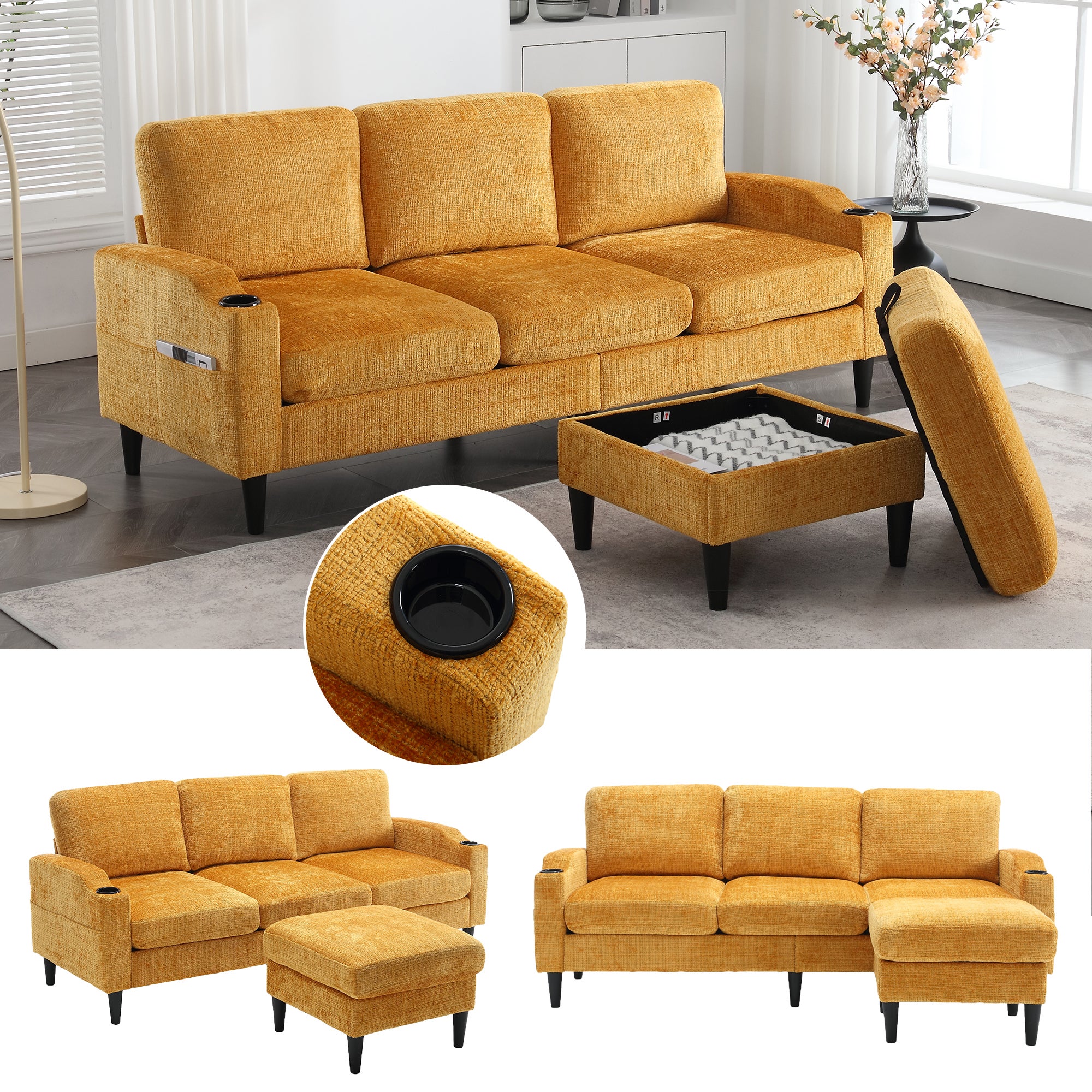 Divano posti con poggiapiedi, vano contenitore e portabicchieri