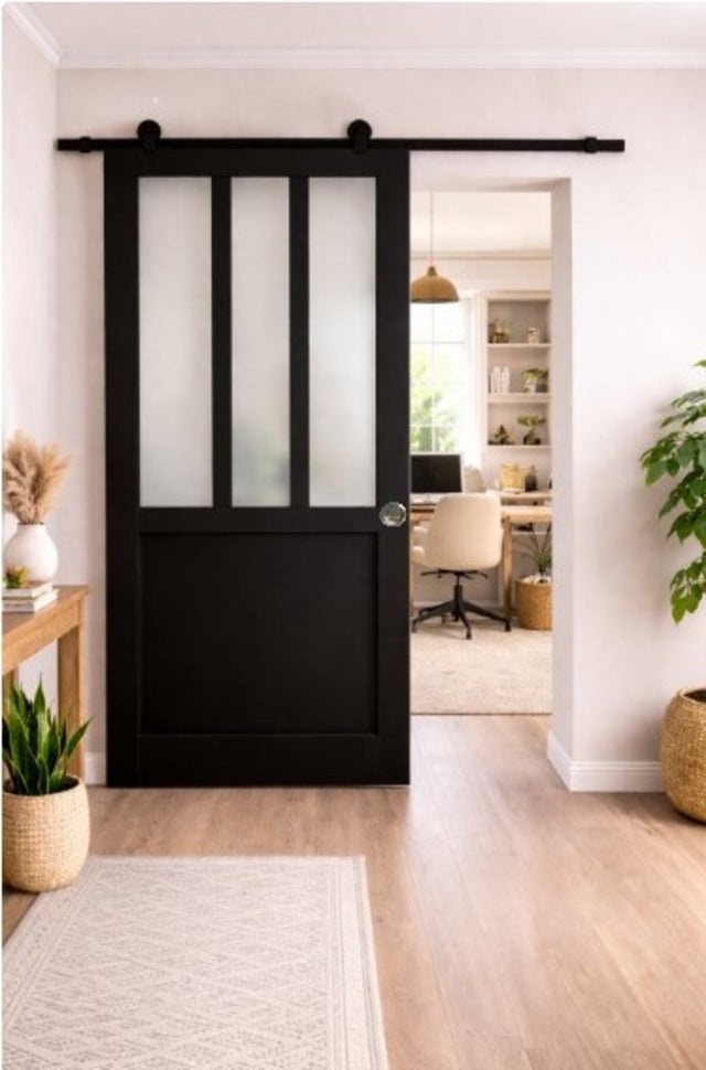 Porte Coulissante Atelier Noir Vitre Depoli H204 X L93 Cm, Rail Roulettes, Coquilles Gd Menuiseries