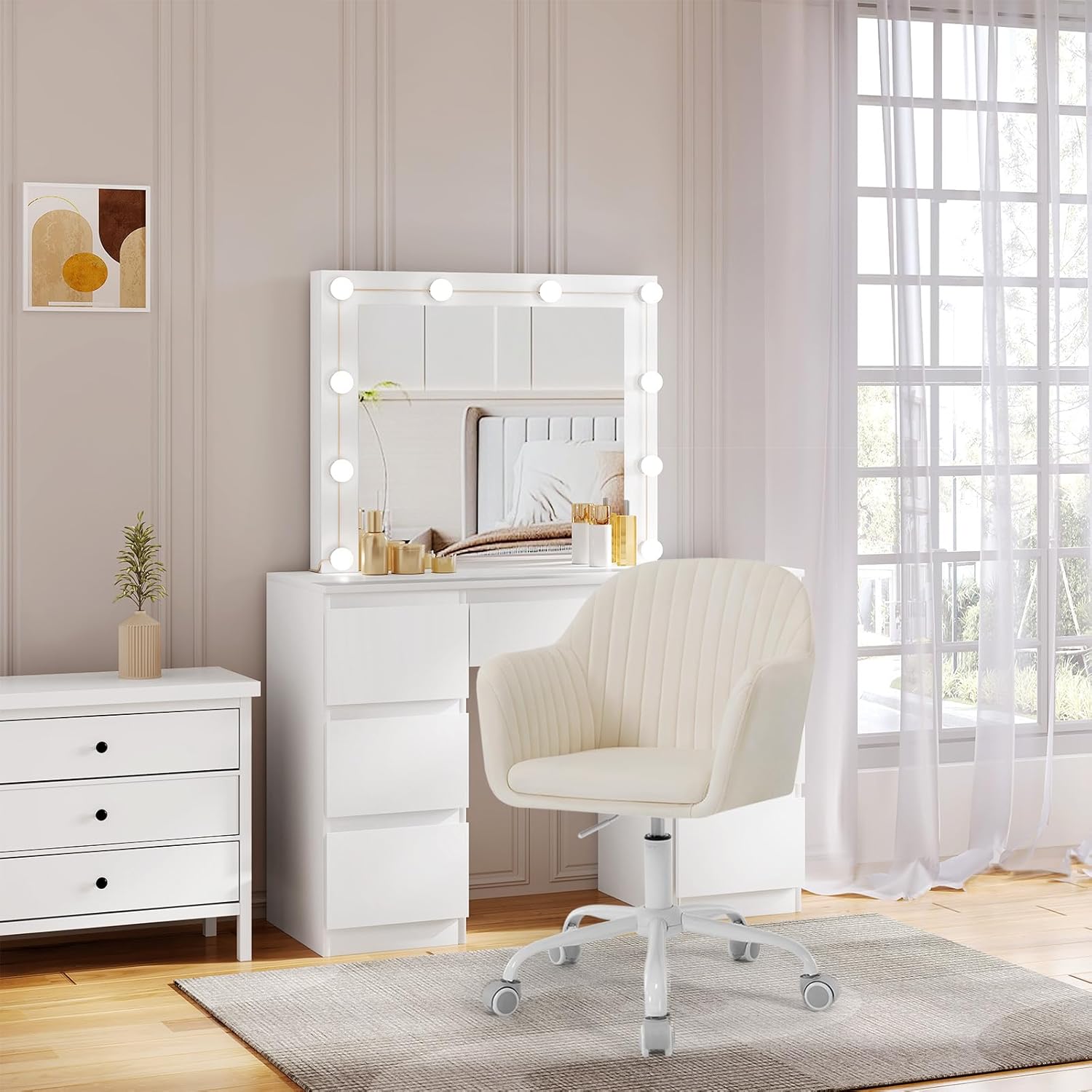 Chaise Bureau Velours WOLTU, Chaise Coiffeuse Réglable en Hauteur, Fauteuil de Bureau Ergonomique, Fauteuil Pivotant, Beige - 3