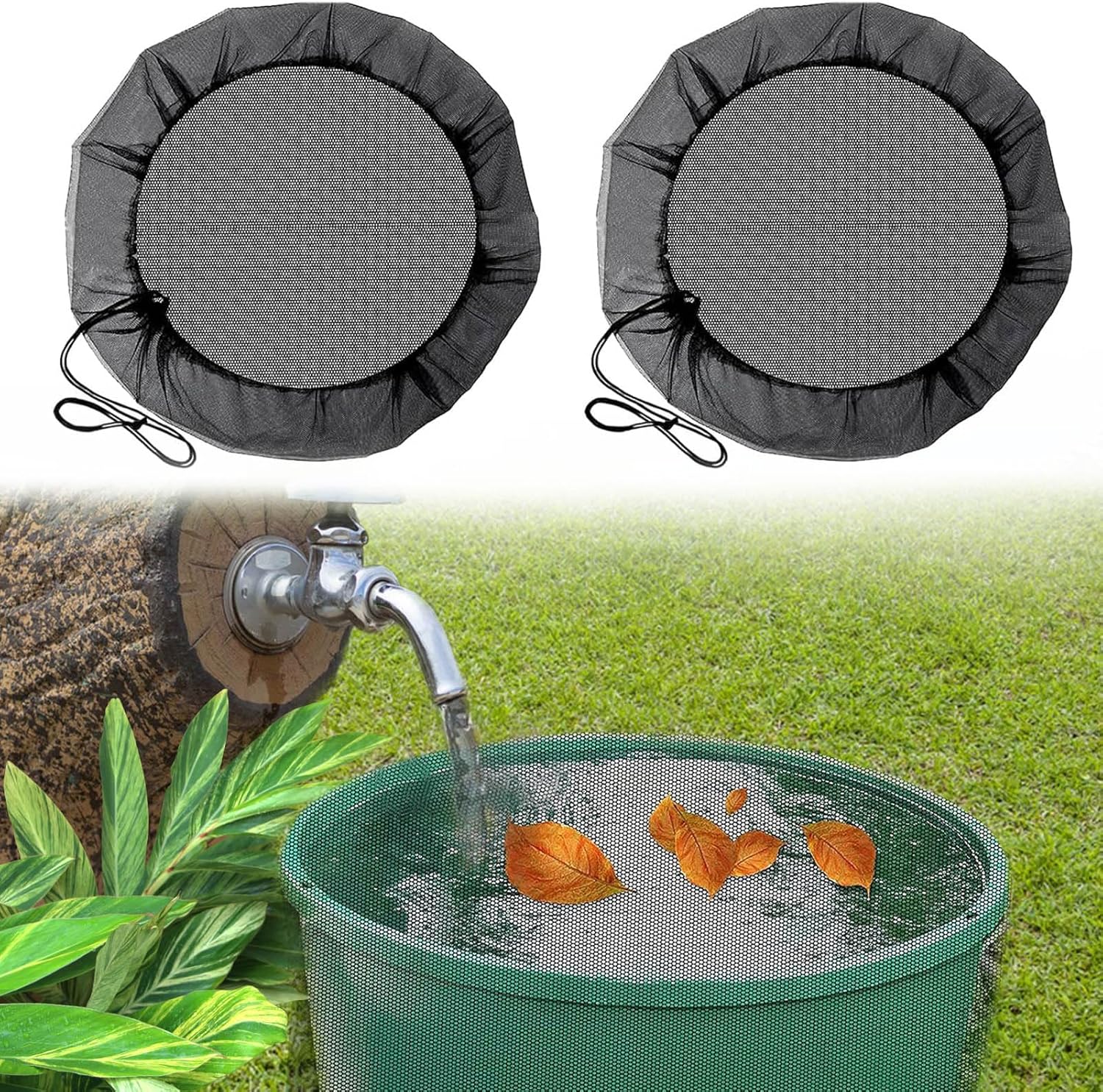 Zestaw 2 siatek na beczkę na deszczówkę, pokrowiec ochronny 100 cm ze sznurkiem ściągającym, ochrona przed komarami i liśćmi o średnicy 100 cm