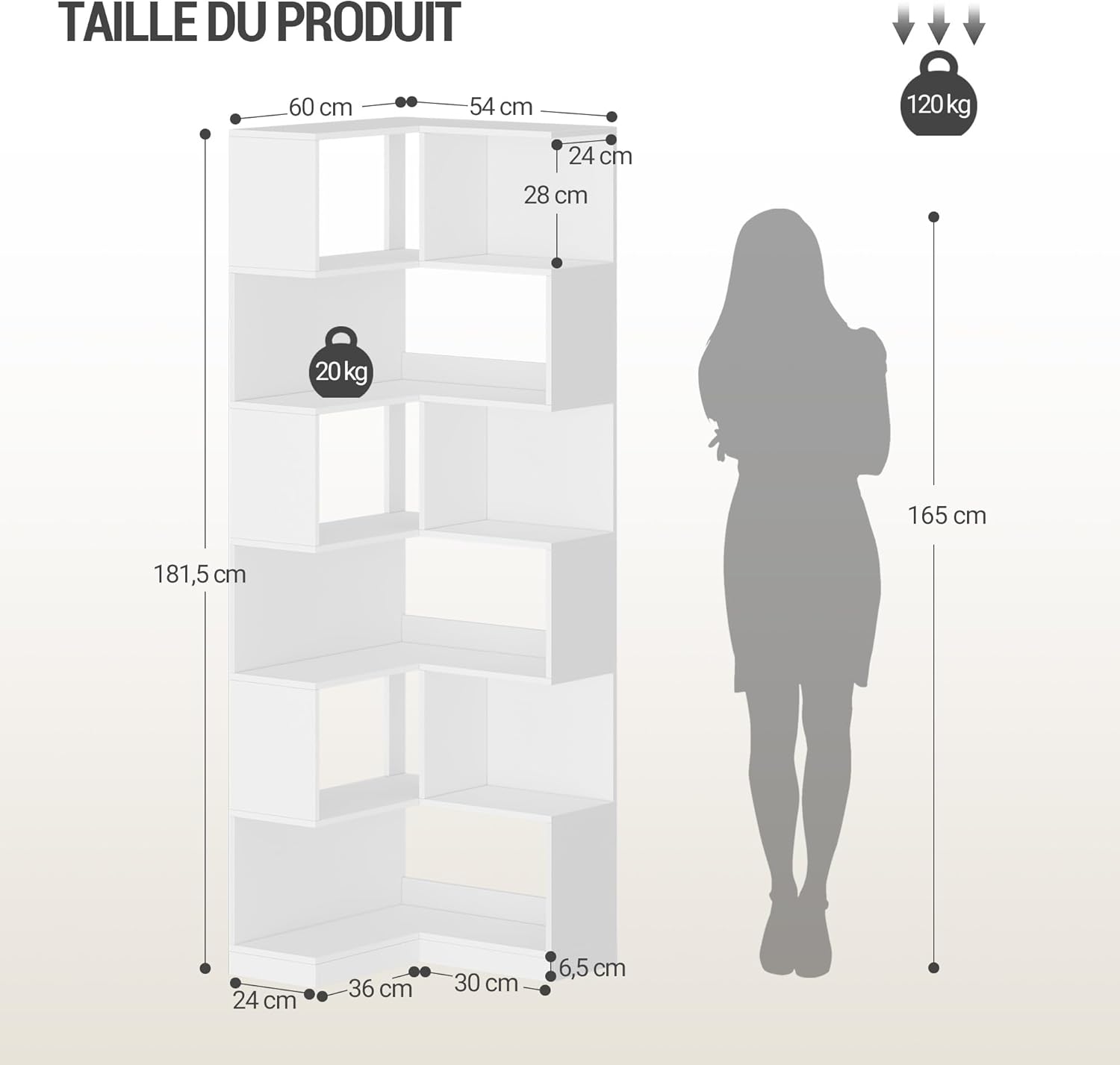 Bibliotheque, Bibliothèque d'angle à 7 Niveaux, étagère d'angle en Forme de L, Armoire d'angle pour Salon, Chambre, Bureau,Blanc - 8