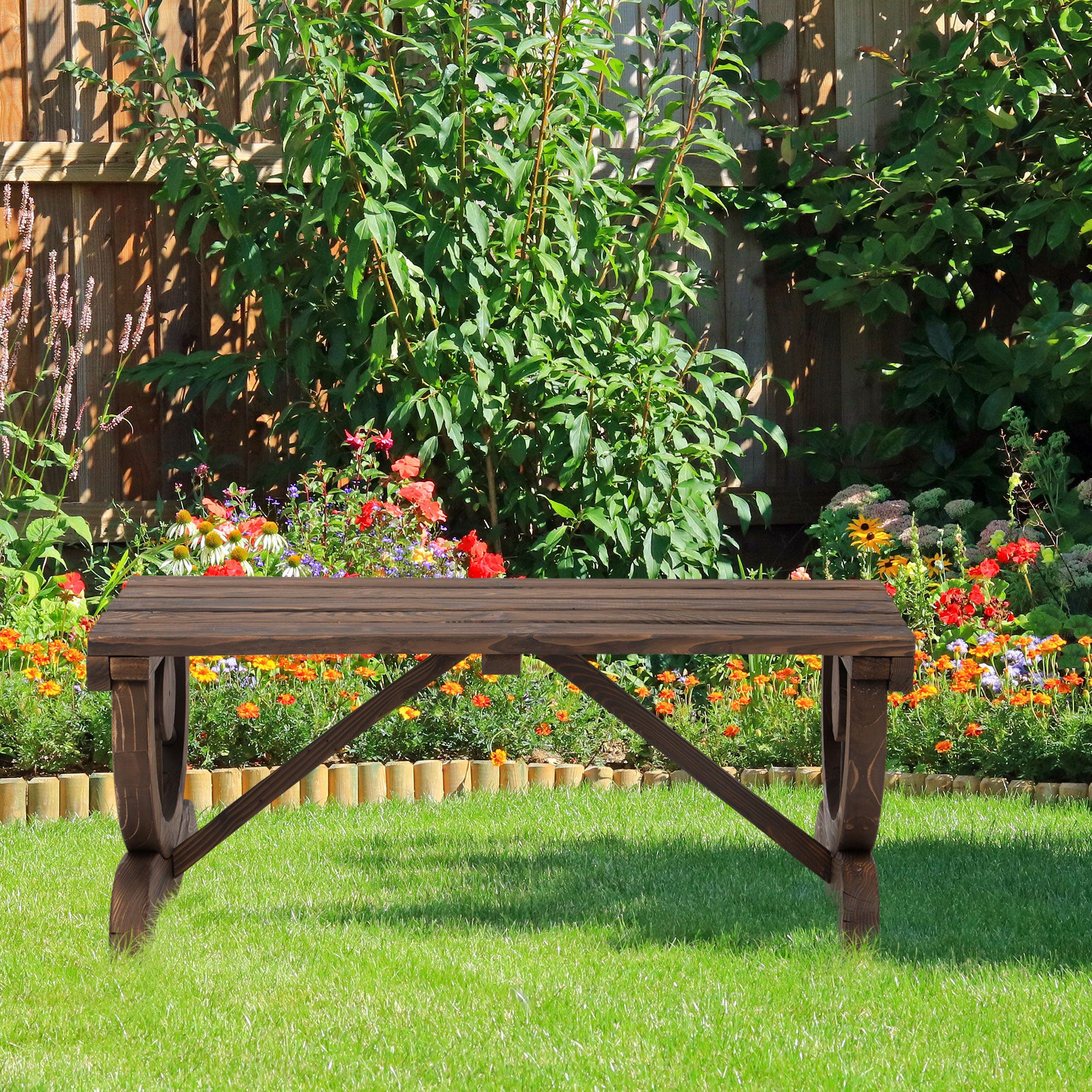 Banco de jardín - Patas en forma de rueda - Madera de abeto - Marrón (98x50x39,5) - 2