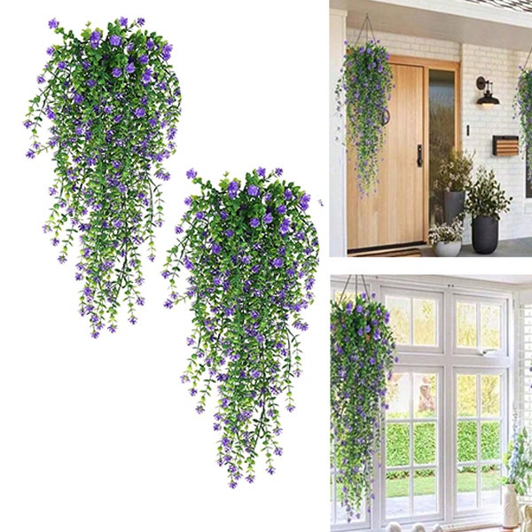 2 x sztuczne rośliny wiszące, sztuczne rośliny zwisające, 75 cm, fioletowe sztuczne kwiaty, odpowiednie do ogrodu, dekoracja ścienna