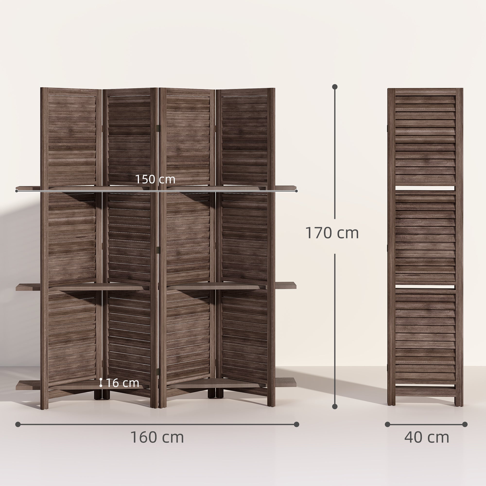 Paravent intérieur en bois 4 panneaux 160x170cm,séparateur de pièce pliable avec 3 étagères,noyer - 5
