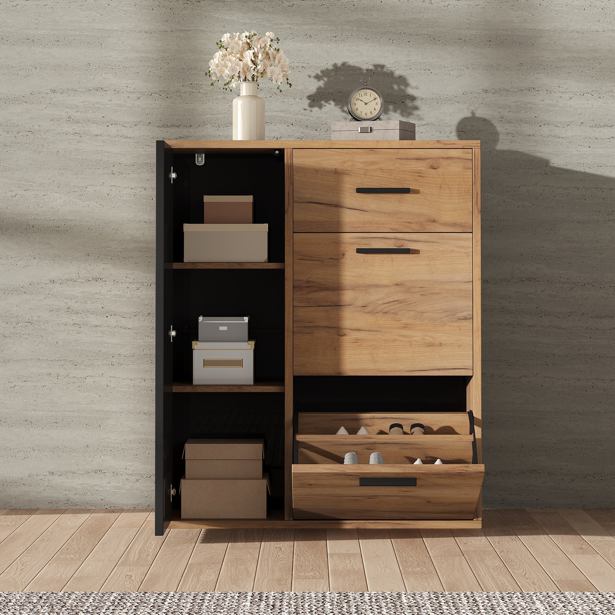 Scarpiera con 3 ante e 1 cassetto - 80 x 24 x 95,5 cm - Truciolato - Naturale + nero - 2