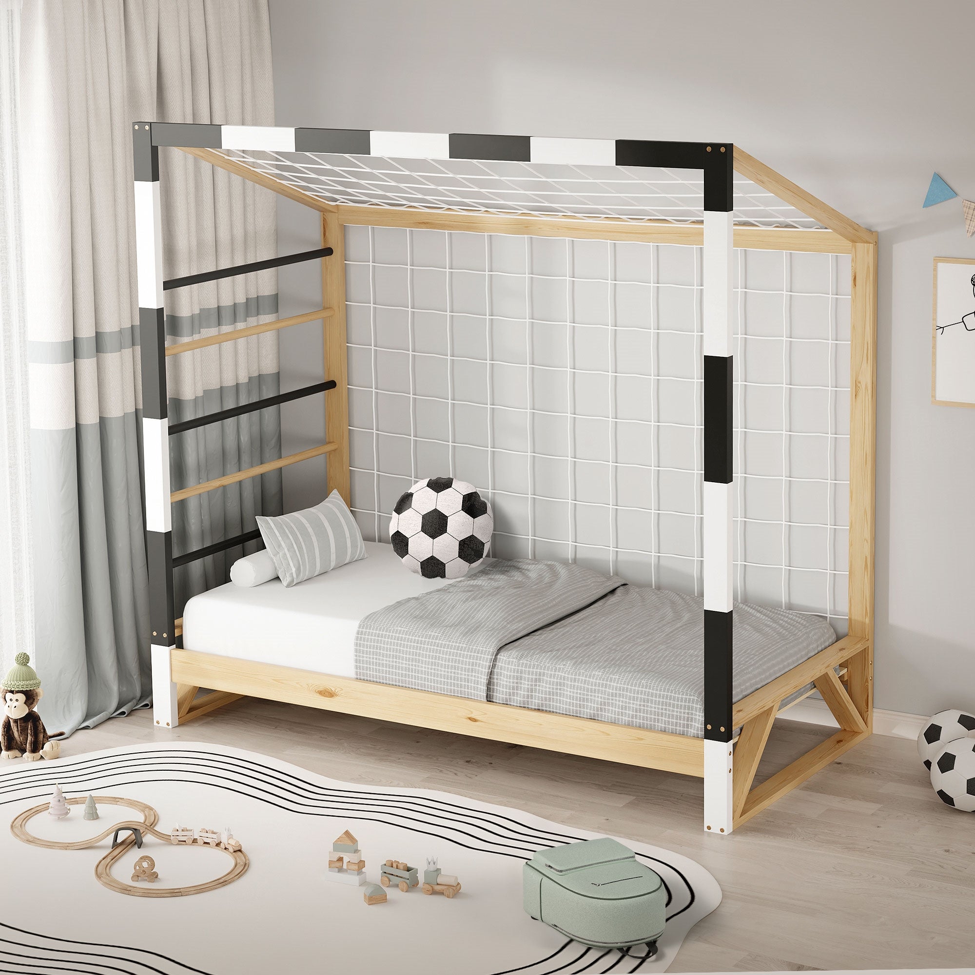 ML-Design łóżko dziecięce 80x160 cm z bramką piłkarską materacem H:10 cm drabinką siatką i stelażem łóżko młodzieżowe dla chłopców i dziewczynek