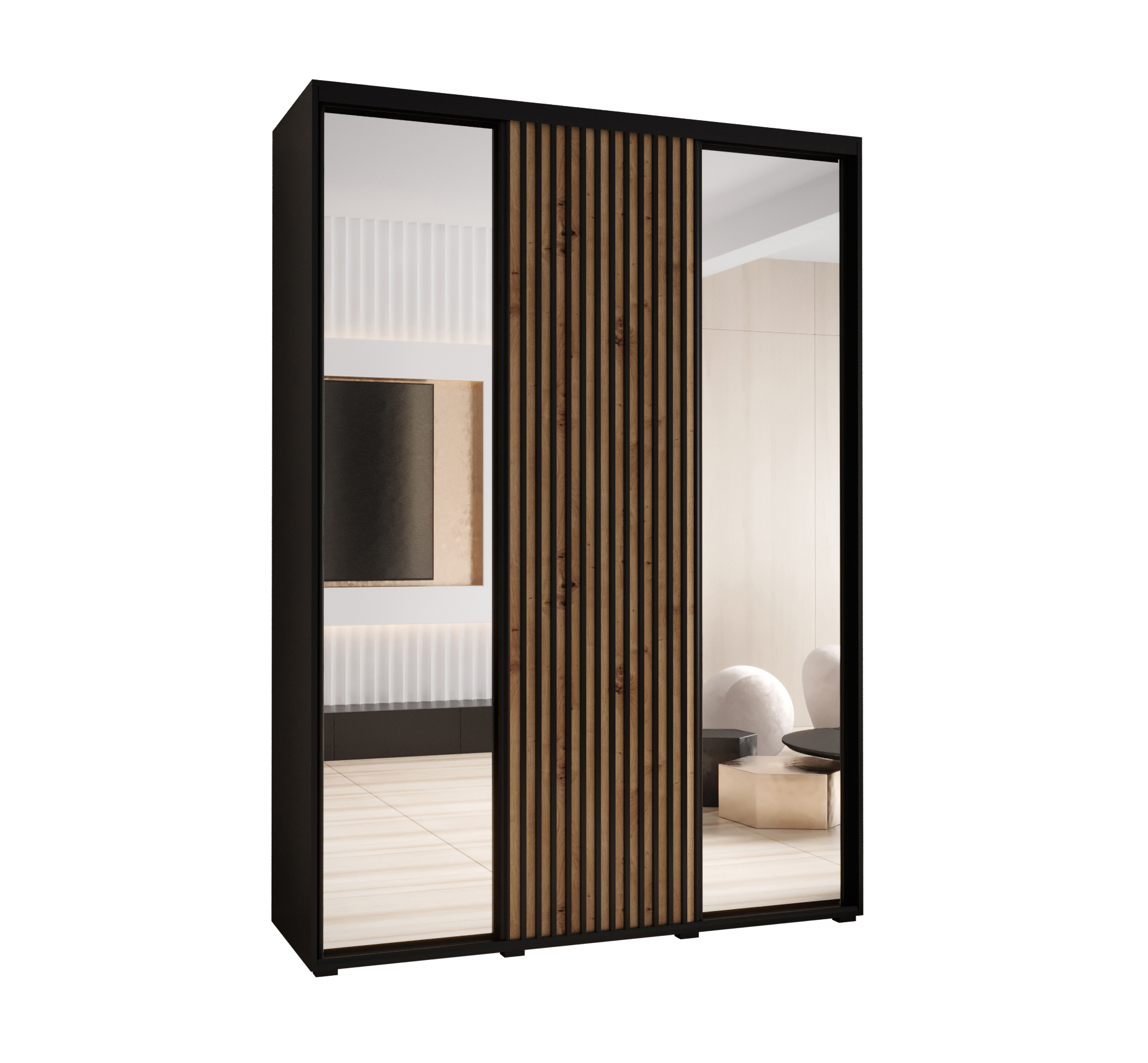 Szafa przesuwna z lustrem wysoka Lanko 2 170 x 45 x 235,2 cm czarny + artisan + lamele czarny - Abiks Meble