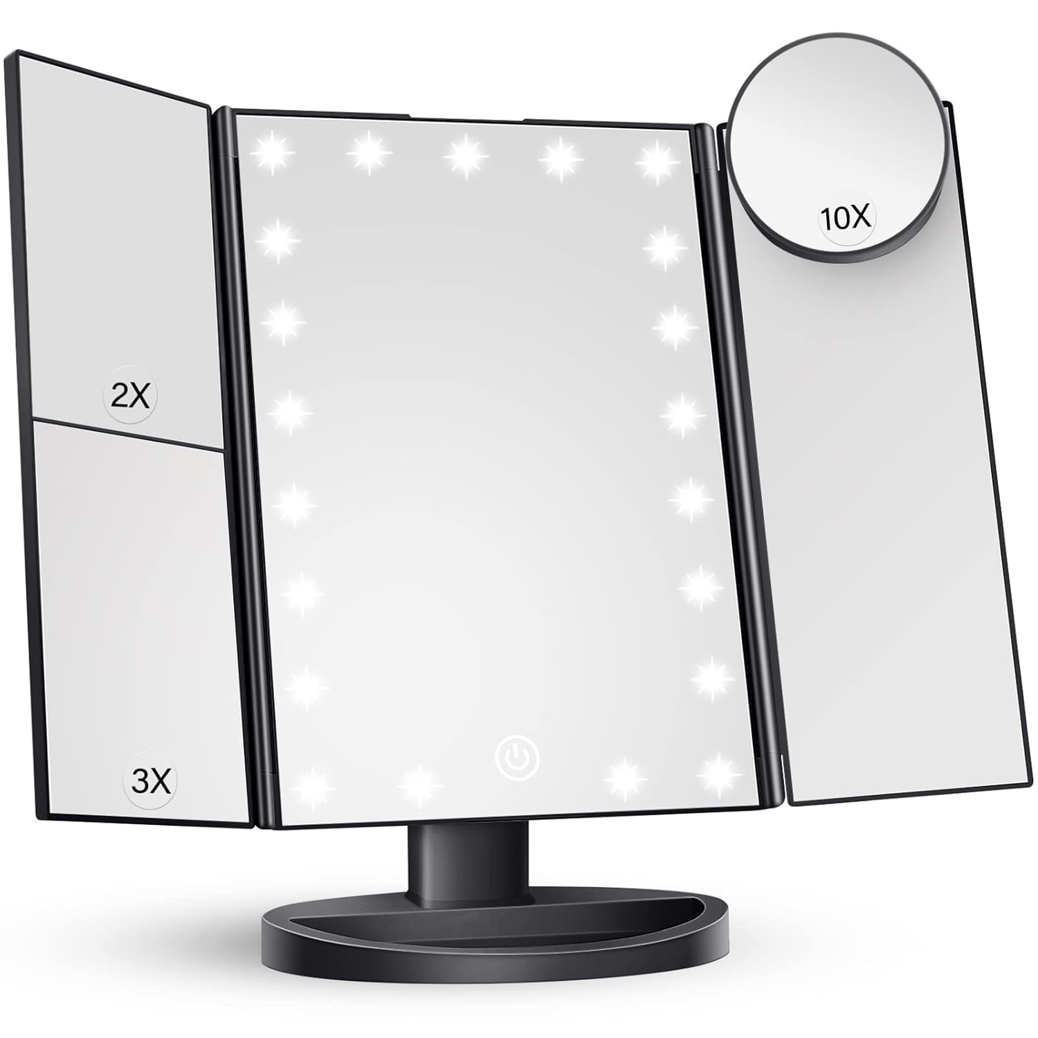 Lustro do makijażu z oświetleniem LED, regulowanym ekranem dotykowym i powiększeniem 1x/2x/3x, składane lusterko do makijażu trzyczęściowe