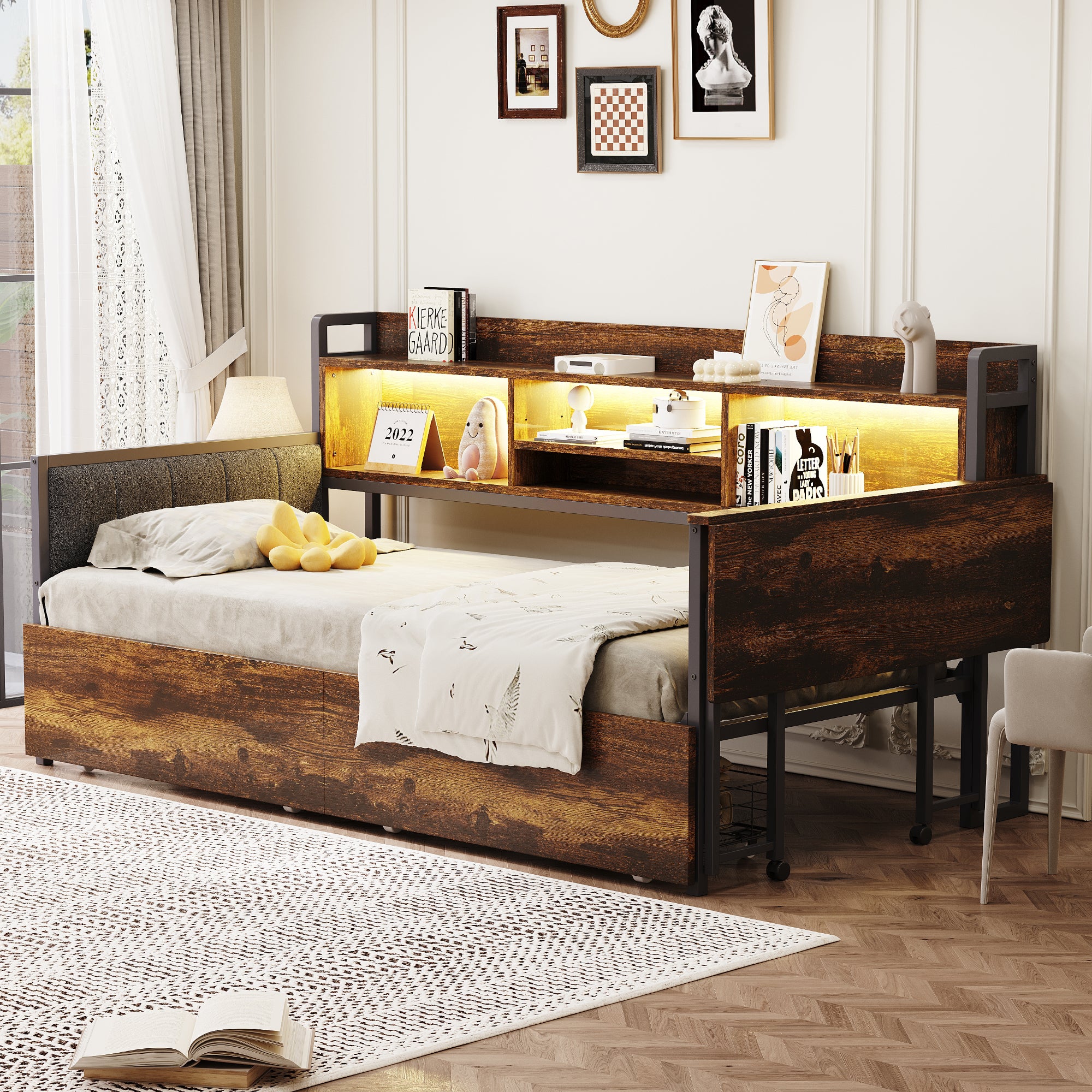 Sofa rozkładana 90x200 cm - z oświetleniem LED - z 2 szufladami - gniazdko elektryczne - składane biurko - naturalny (materac nie jest w zestawie)