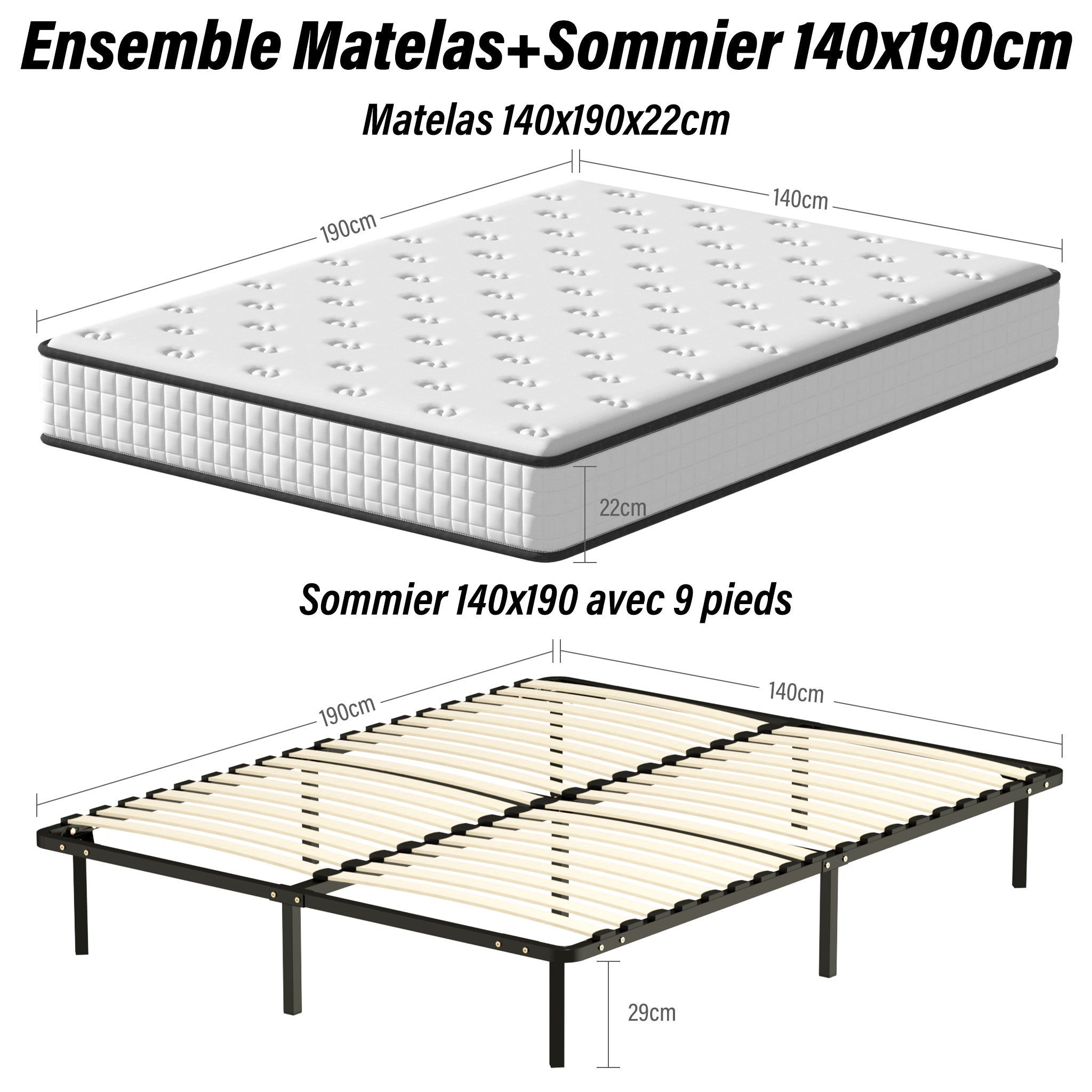TEENO Ensemble Matelas en mousse + Sommier à Lattes 140x190cm, Epaisseur du Matelas 22cm - 2