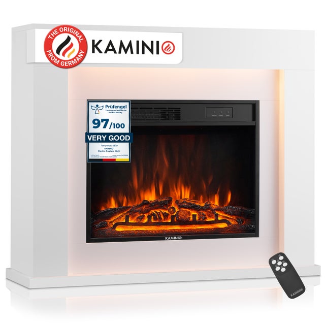 KAMINIO Camino elettrico MATTI - Caminetto da pavimento con riscaldamento, effetto fiamma 3D, luce ambiente a LED, telecomando - 38 pollici, Bianco