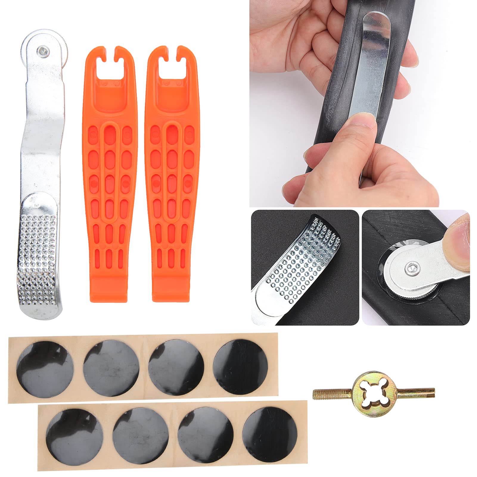 Keyck 32 Pezzi Kit Riparazione per Bici Pneumatici di Bicicletta Autoadesive Forature Camera d'Aria con Kit di Patch Gomma Senza Colla con Raspa Metallo e Custodia Portatile