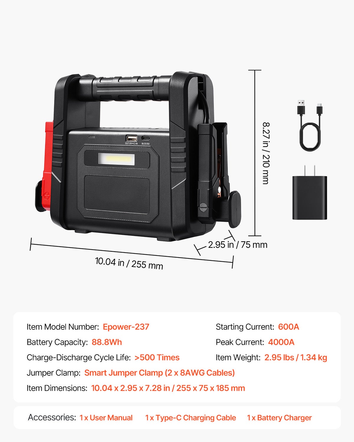 Booster Batterie 4000A 88,8Wh SucceBuy, Démarreur Lithium Portable Sans Compresseur, Câbles, LCD, LED, Essence/Diesel ≤10L - 2