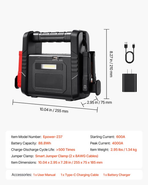 ACMOUNT Booster Batterie Voiture 4000A - Démarreur Portable Avec Écran LCD Et Lampe LED - Jusqu'à 10L Essence