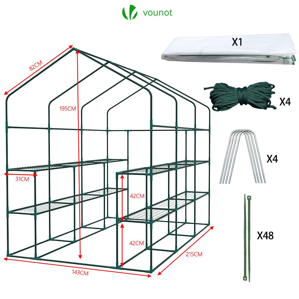 Serre de jardin avec étagères 143x215x195cm blanc - bâche renforcée 135g/m², fenêtre moustiquaire, porte enroulable zippée - VOUNOT® - 6