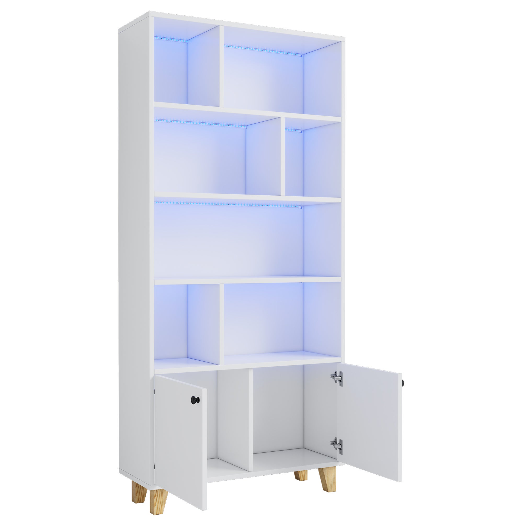 Librería con 2 puertas y compartimentos - 80 x 30 x 173 cm - LEDs - Patas de MDF y madera maciza - Blanco - 9