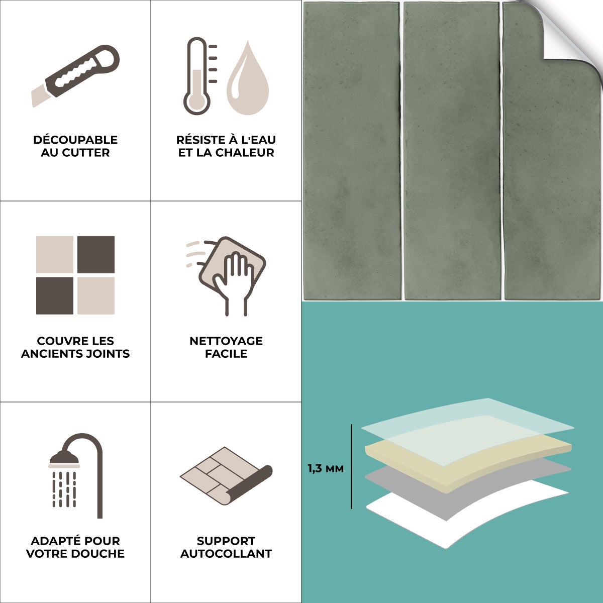 8 carreaux adhésifs 20x20cm Massa / Zelliges Rectangles / vert / pour douche, murs, sol, cuisine, salle de bain… - 3