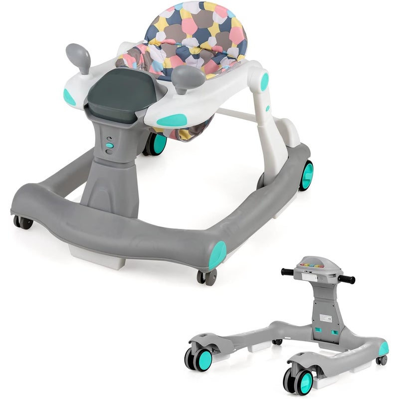 Chodzik dla Niemowląt w Wieku 6–18 Miesięcy, Chodzik Ewoluujący 2 w 1, Składany Pchacz z Lampką i Muzyką, Regulowana Wysokość w 3 Pozycjach (Szary)