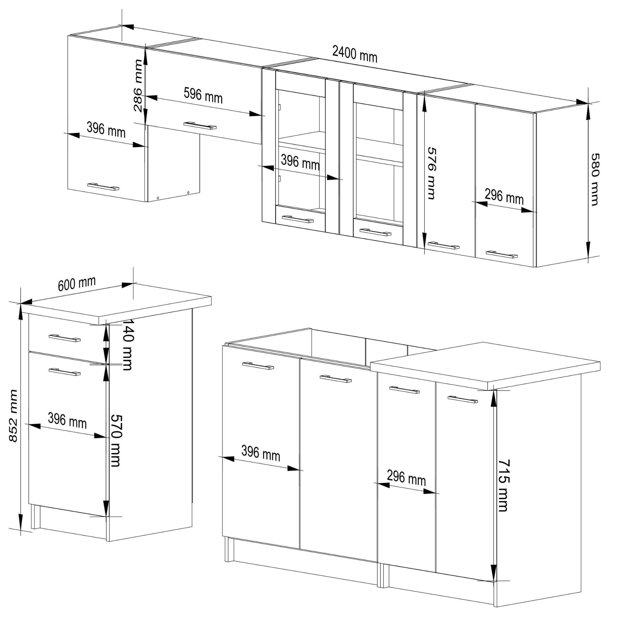 Ensemble de cuisine vitré AKORD OLIWIA 2.4m Blanche 240 cm 11 portes 1 tiroir façade Béton 240x46x203 cm - 3