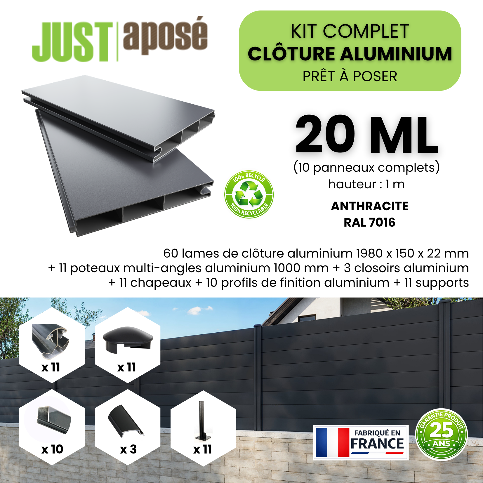 Kit complet clôture aluminium - 10 panneaux complets - 20 x 1 m - Prêt à poser - Anthracite - 4