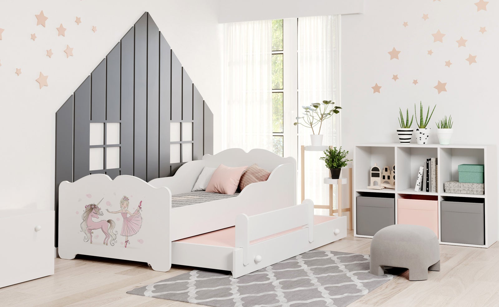 Łóżko wysuwane dziecięce 160x80 cm z dolnym łóżkiem 145x80 cm – Motyw dziewczynki z jednorożcem, solidna konstrukcja z 2 materacami w zestawie
