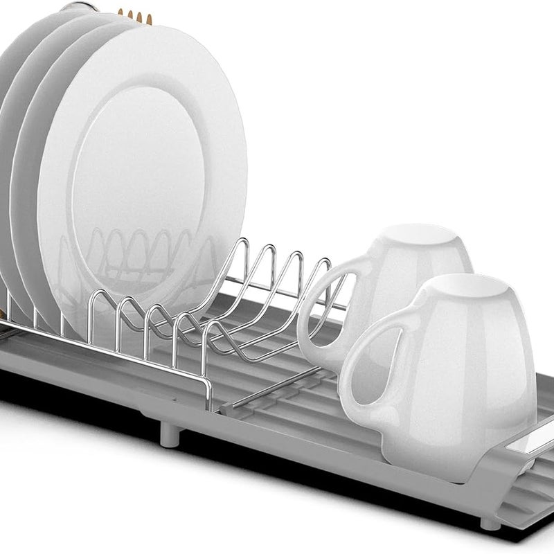 Rozkładana suszarka do naczyń ze stali nierdzewnej z uchwytem na sztućce – szara, wymiary 27,9 x 20 x 11 cm