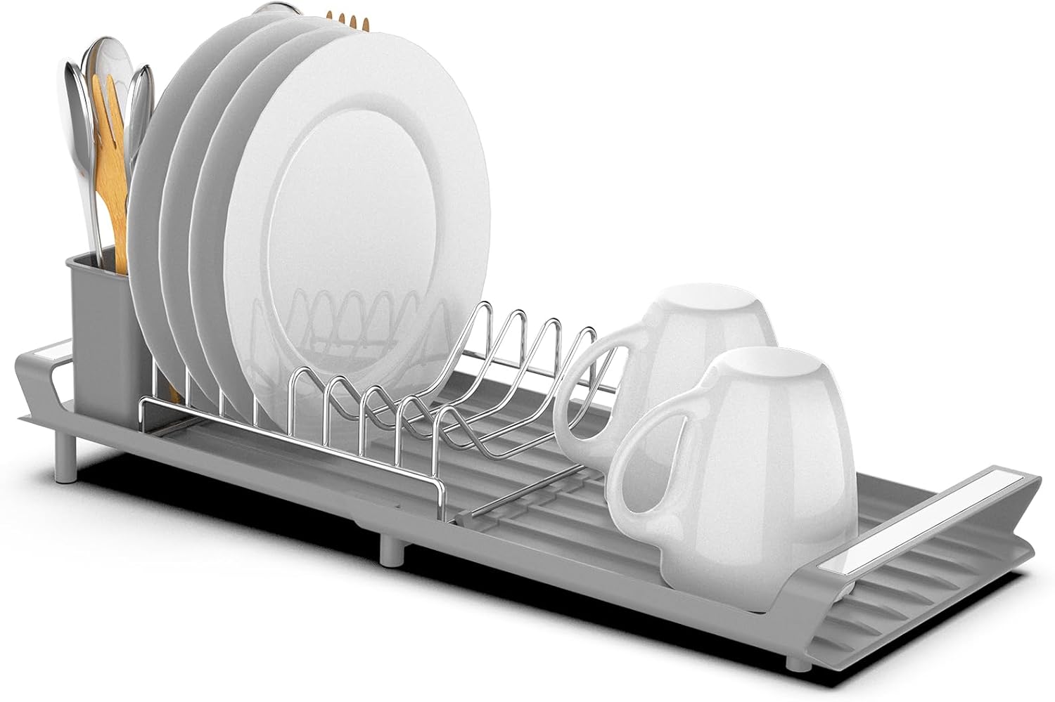 Rozkładana suszarka do naczyń ze stali nierdzewnej z uchwytem na sztućce - szara, wymiary 27,9 x 20 x 11 cm