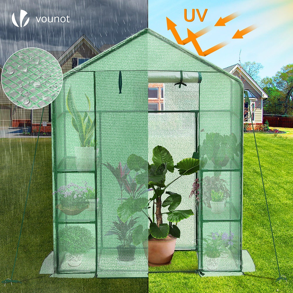 Serre de jardin avec étagères 143x73x195cm vert - bâche renforcée 135g/m², fenêtre moustiquaire, porte enroulable zippée - VOUNOT® - 4
