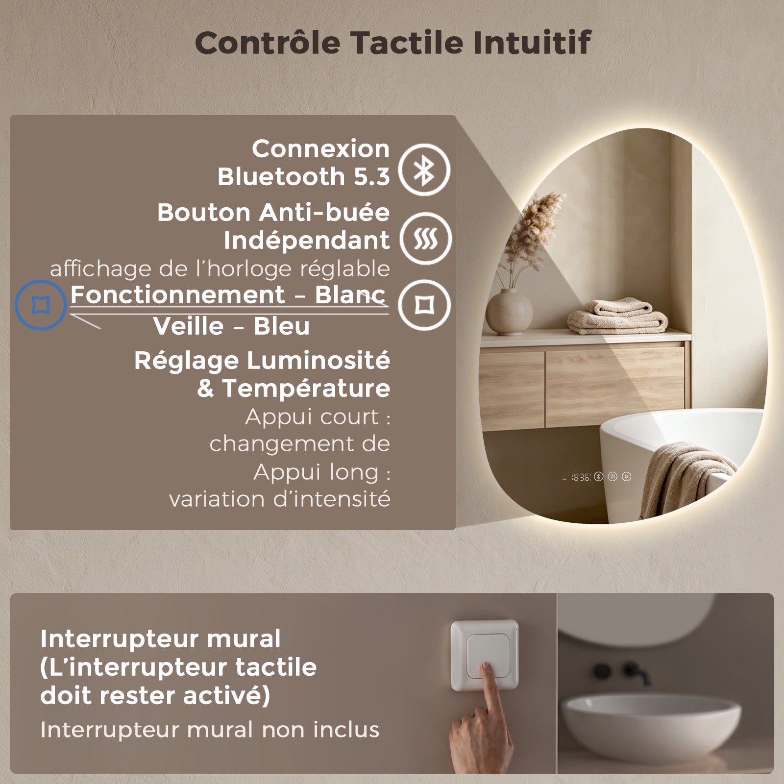 S'AFIELINA Miroir de Salle de Bain avec Éclairage Asymétrique 85 x 50 cm, 3 Couleurs de Lumière Réglables, Antibuée, Bluetooth, Horloge, Température - 6