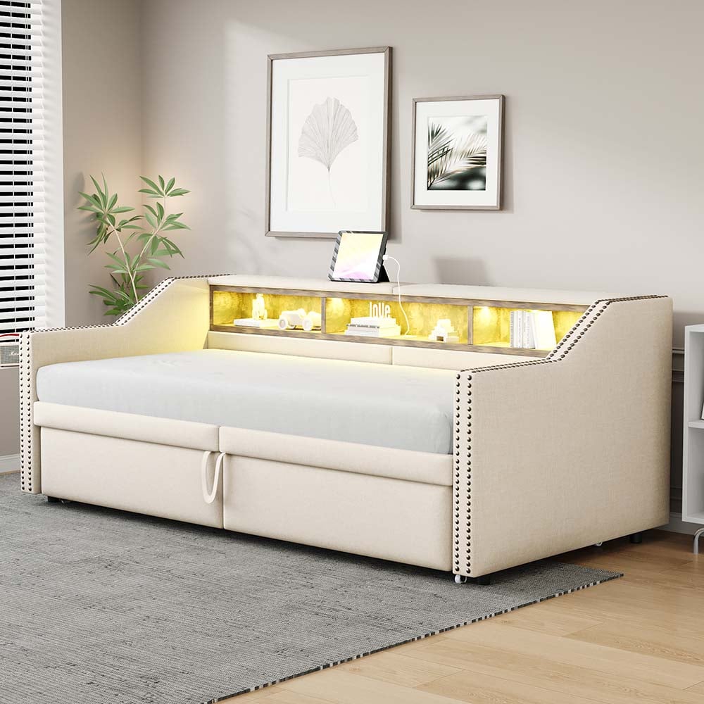 Rozkładane łóżko składane 90/180 x 200 cm, schowek, oświetlenie LED i gniazdo USB, beżowy