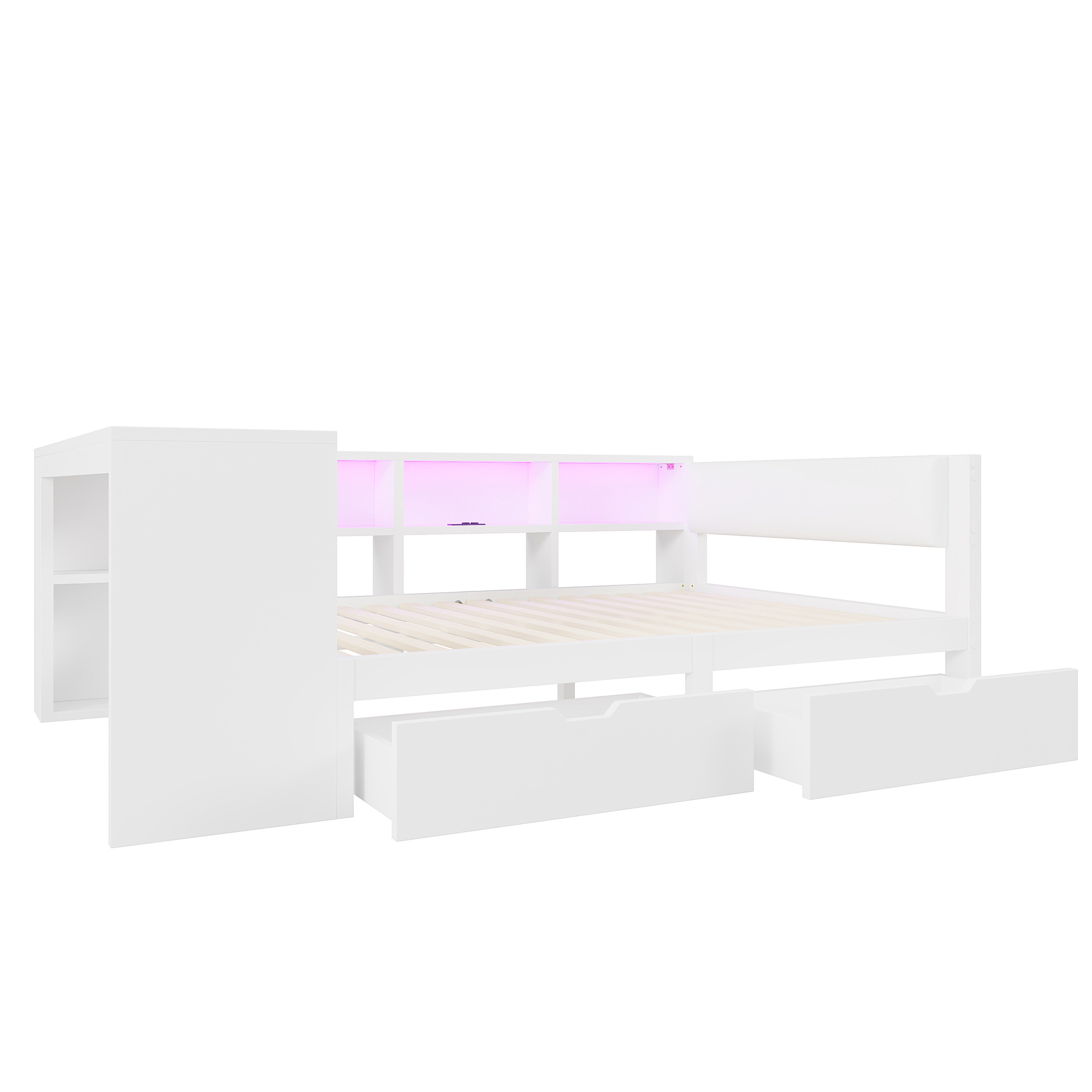 Lit 140 x 200 cm avec bureau, bibliothèque et 2 tiroirs - LEDs et charge de prises - MDF et contreplaqué - Blanc (Sans matelas) - 7