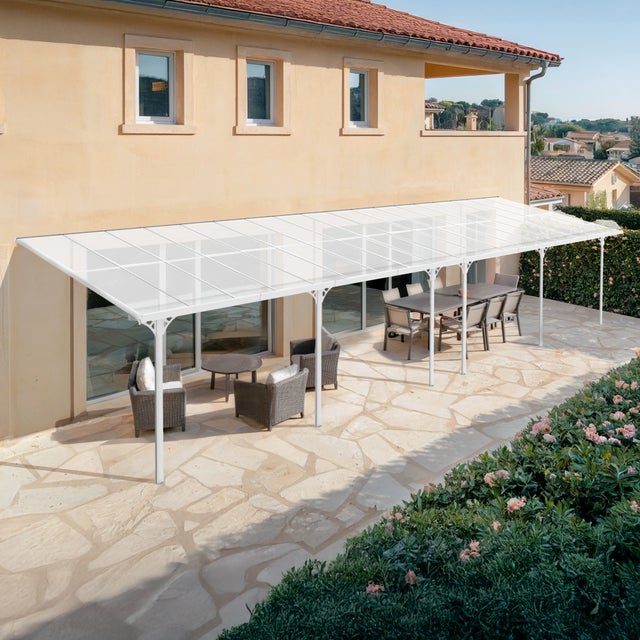 Pergola/Carport adossée 33m² KLEO 11x3m blanc - toit terrasse en aluminium et polycarbonate