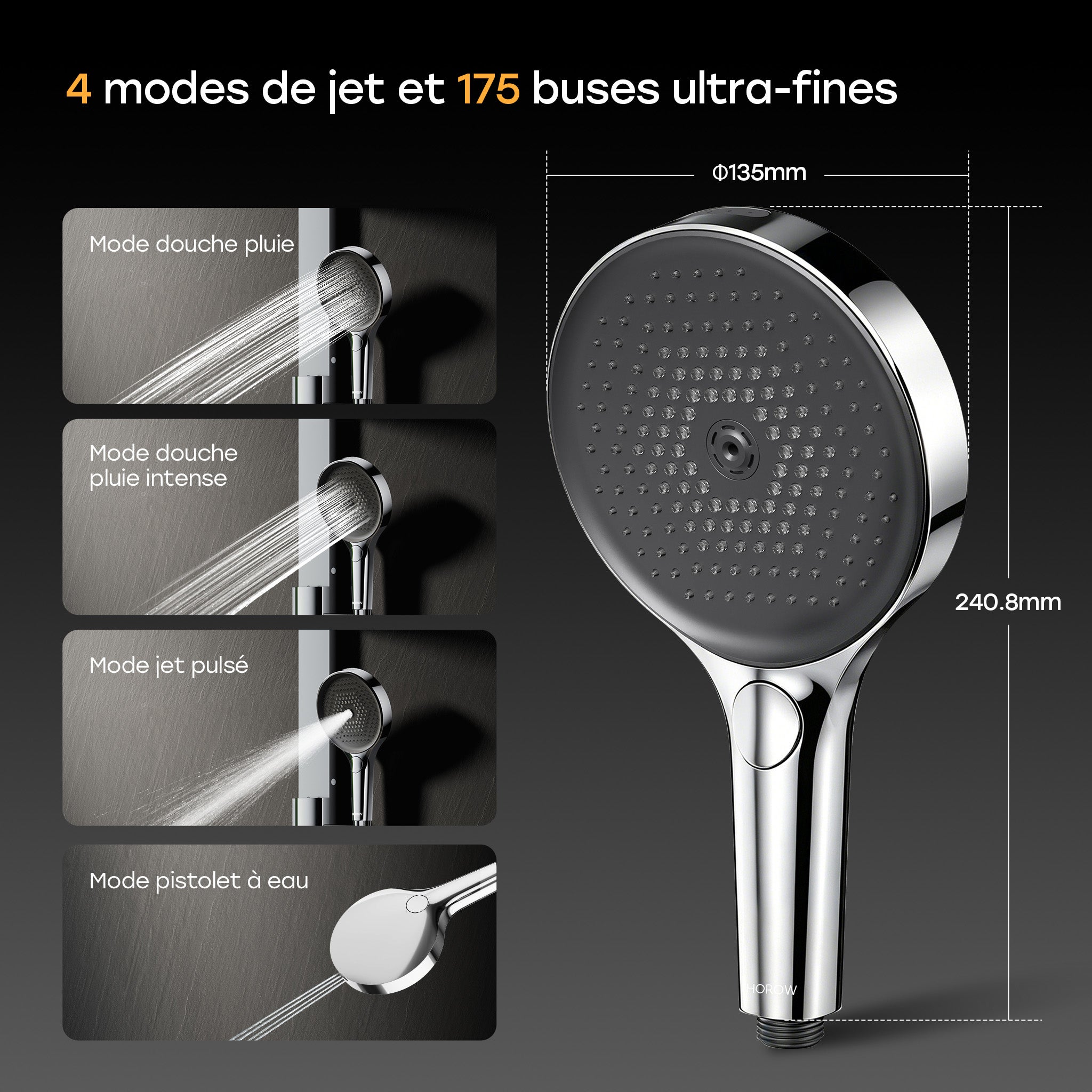HOROW Système de douche avec thermostat, ensemble panneau de douche avec pommeau de douche pliable 4 fonctions de massage, réglable en hauteur - 5