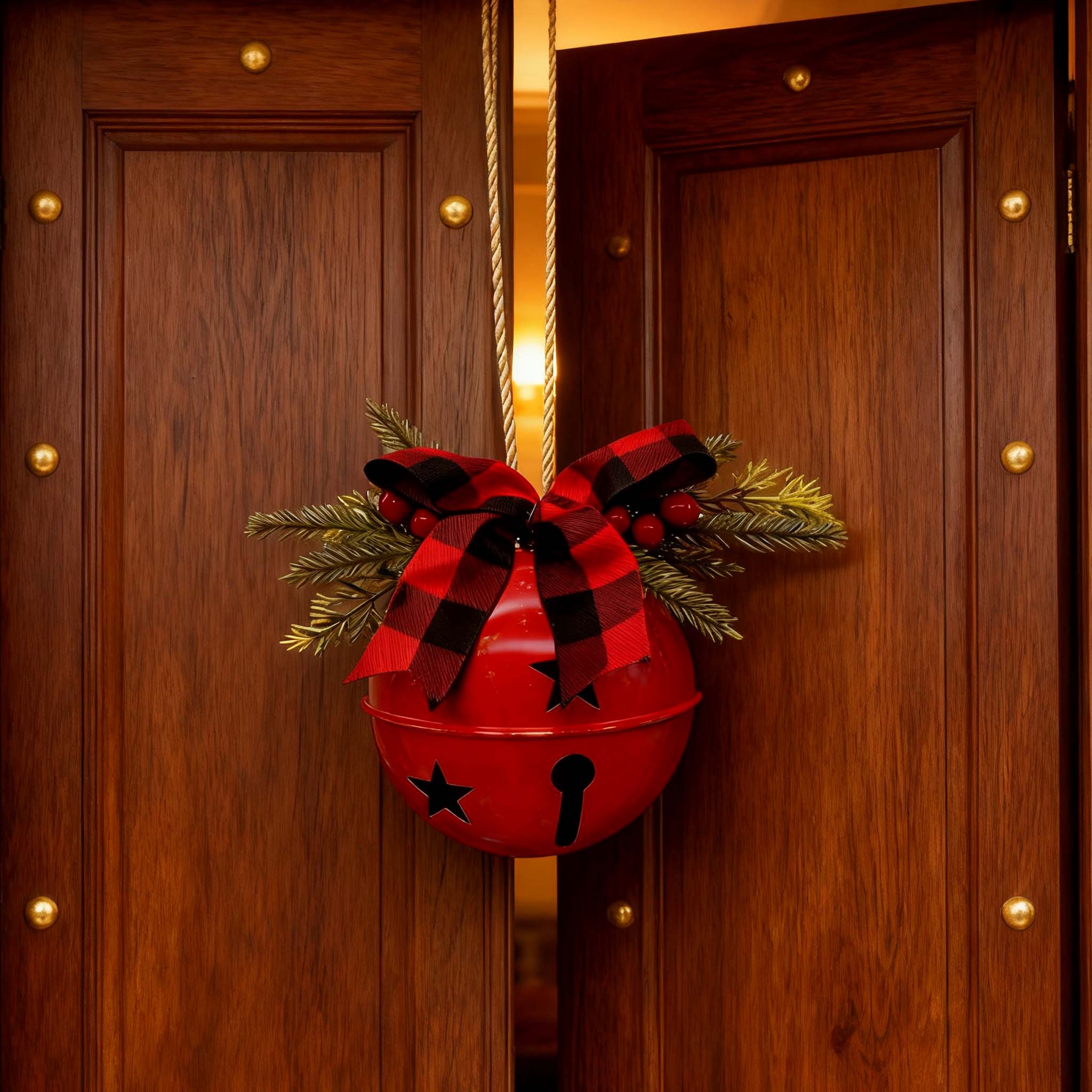 Cloche de Noël rouge et dorée – Décoration vibrante en fonte avec nœud écossais pour porte, fenêtre ou arbre de Noël – Élégance festive - 6
